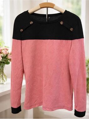 Colorblock Pink and Black Long Sleeve Thermal Top With Button Detail Size XL